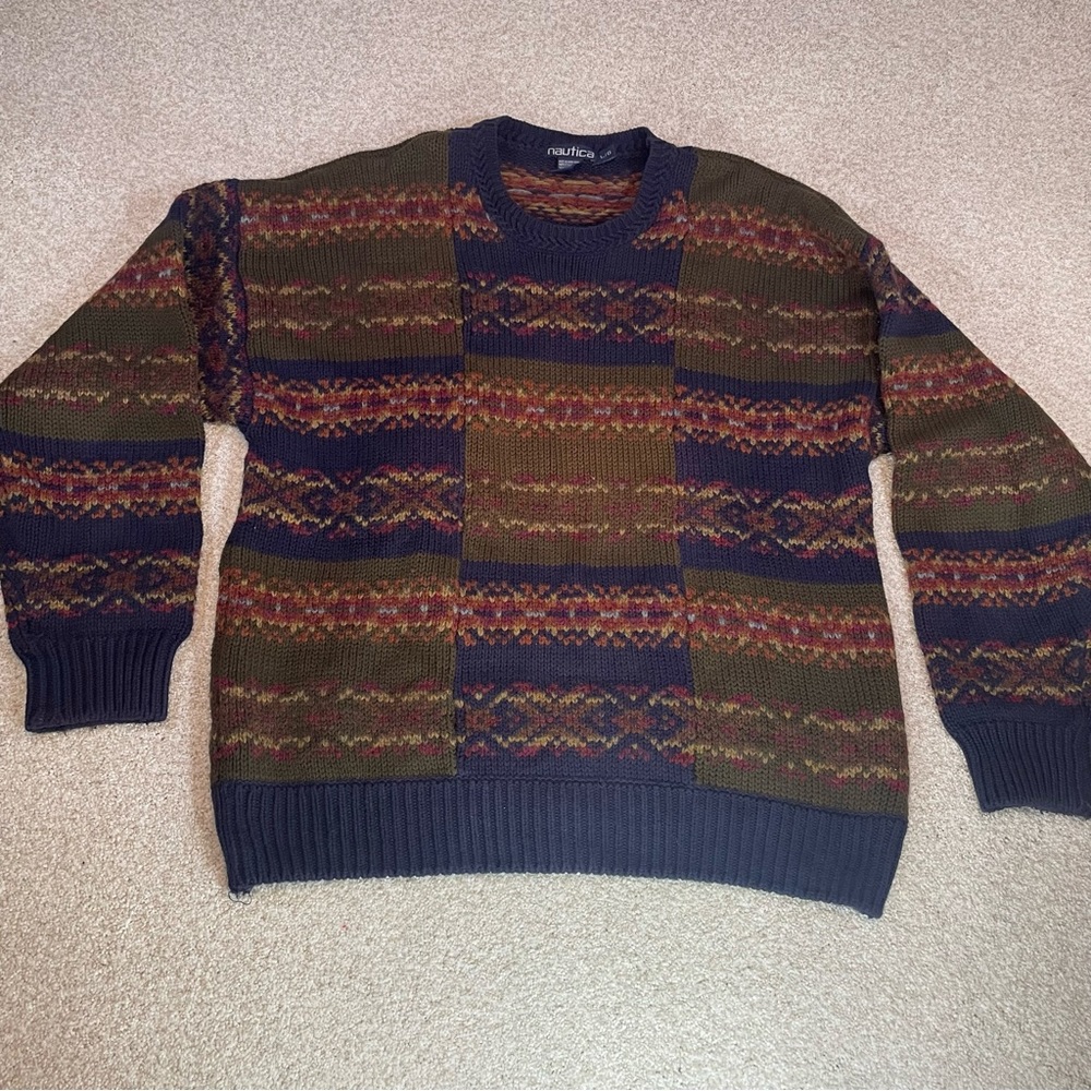 Vintage Nautica Men’s Crewneck Sweater Large Cotton And Wool Block Pattern